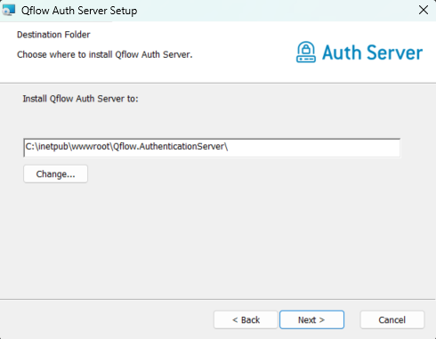 Authentication server installation folder selection