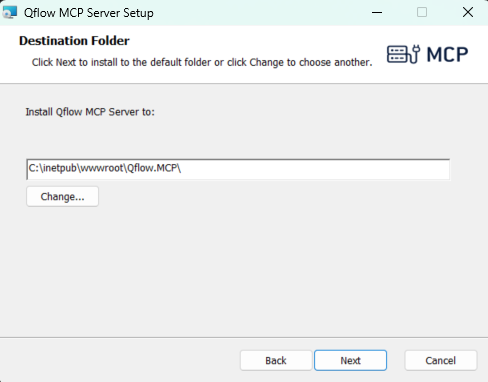 Selección de la carpeta de instalación del servidor MCP
