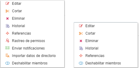 Menú contextual de los usuarios (izquierda) y de los grupos (derecha)